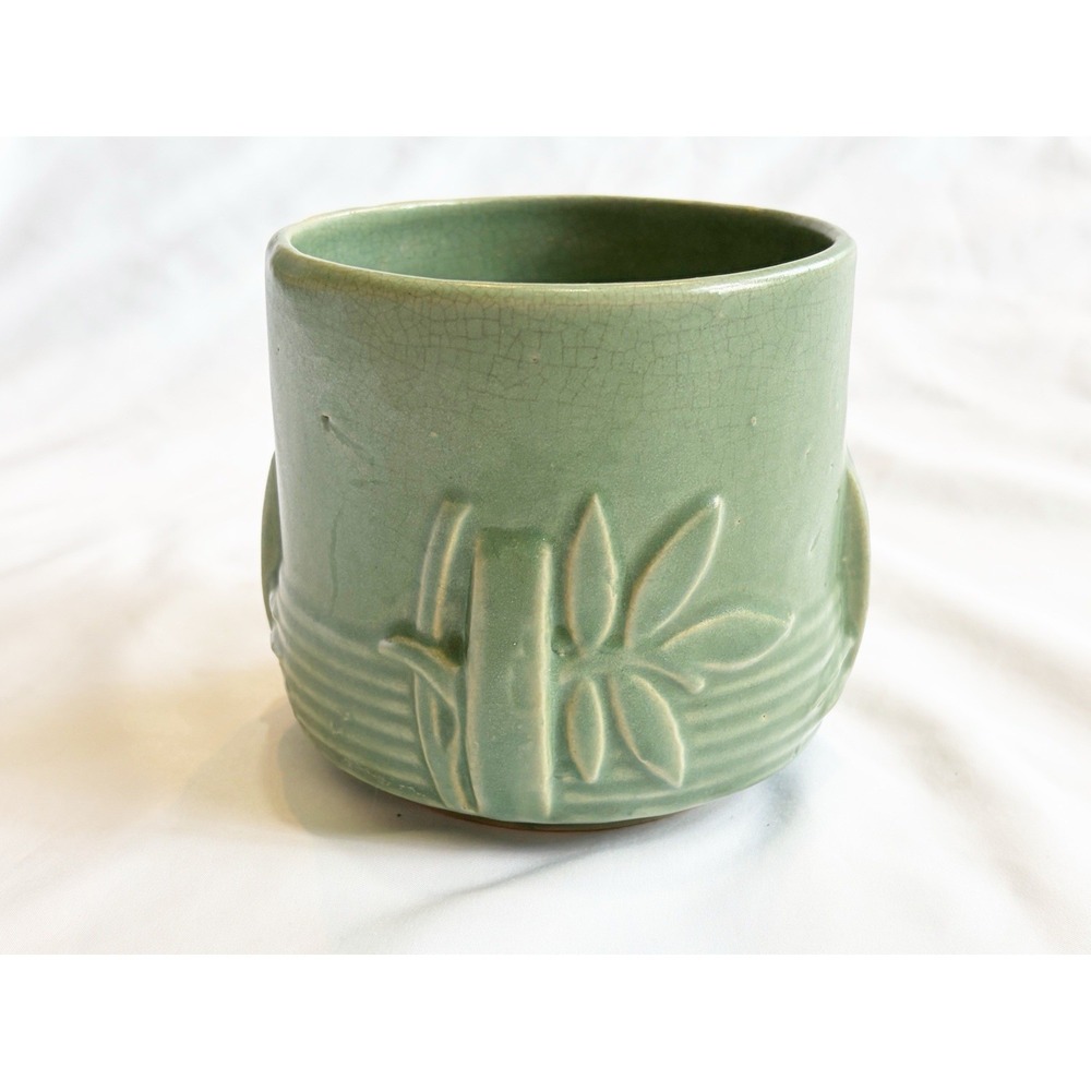 Vintage McCoy Planter, Leaves Bamboo, Matte Green, Jardiniere, 1930s